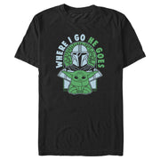 Men's Star Wars: The Mandalorian Where I Go He Goes Blue and Green  Adult T-Shirt