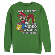 Men's Nintendo Christmas Mario All I Want Are Video Games  Adult Sweatshirt