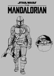 Men's Star Wars: The Mandalorian Grogu and Din Djarin Black and White Sketch  Adult T-Shirt