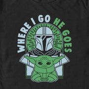 Men's Star Wars: The Mandalorian Where I Go He Goes Blue and Green  Adult T-Shirt