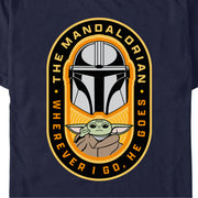 Men's Star Wars: The Mandalorian Grogu and Mando Wherever I Go, He Goes Badge  Adult T-Shirt