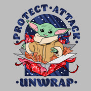 Men's Star Wars: The Mandalorian Christmas The Child Protect Attack Unwrap  Adult T-Shirt